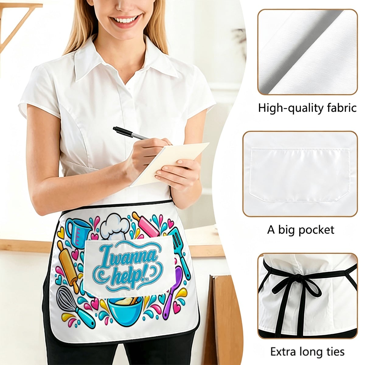 I Wanna Help! Colorful Kitchen Utensils Waist Apron