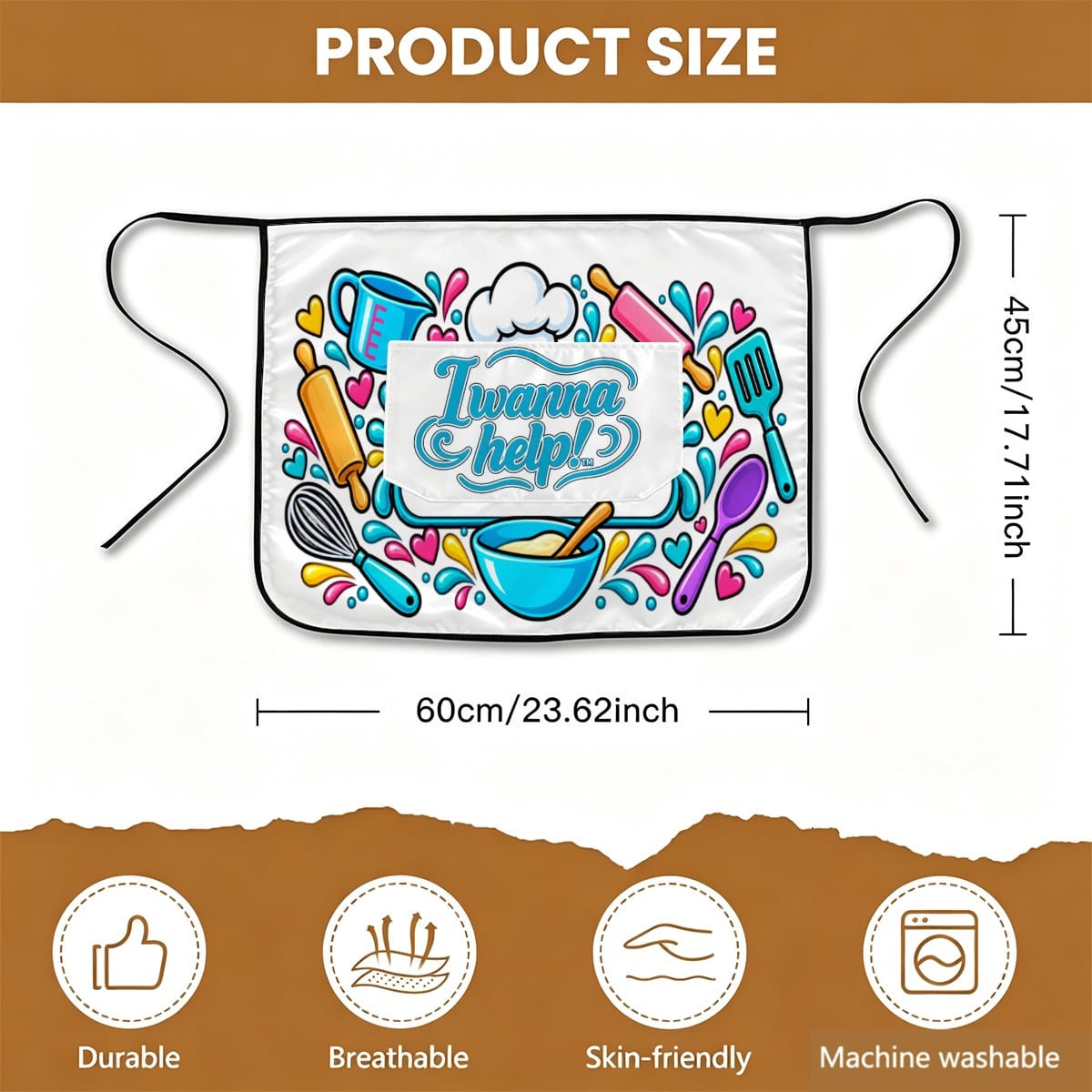 I Wanna Help! Colorful Kitchen Utensils Waist Apron